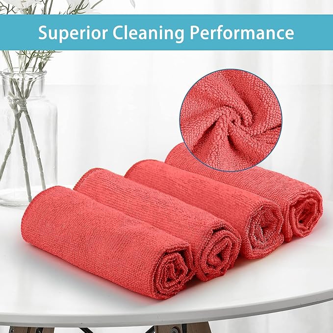 HOMEXCEL Microfiber Cleaning Cloth, Premium Microfiber Towels for Cars, Lint Free, Scratch-Free, Highly Absorbent, Reusable Cleaning Rags for Car, Household, Kitchen, Window(Red,100)