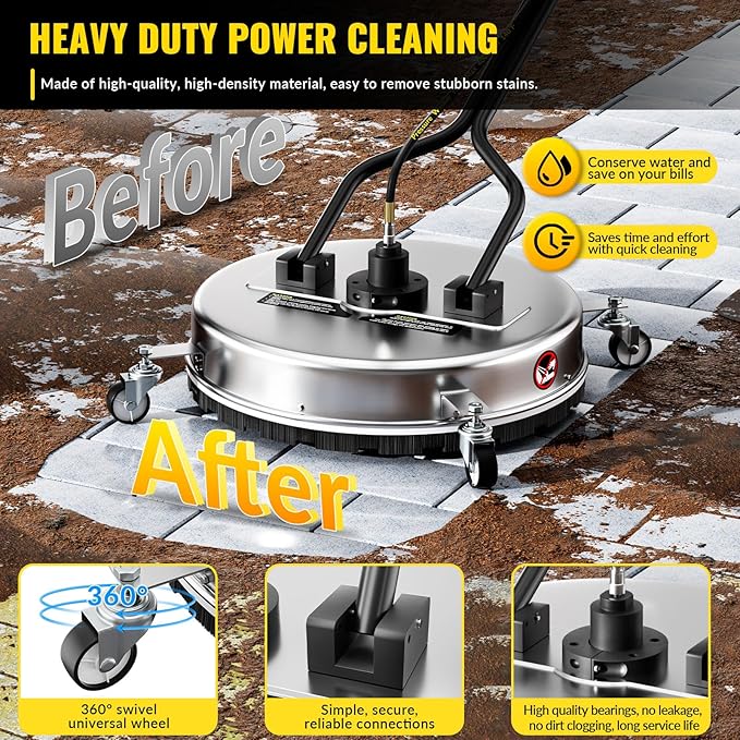 20 Inch Pressure Washer Surface Cleaner with 4 Wheels,Dual Handle,Stainless Steel Housing,4500 PSI Power Washer Accessory for Concrete, Patio, Sidewalk, Deck, Driveways and Daily Washing
