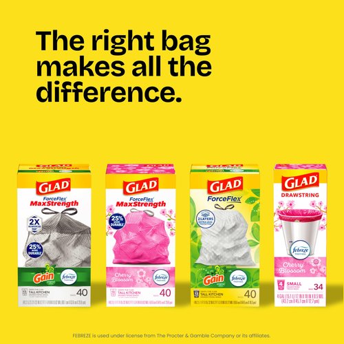 Glad ForceFlex Tall Kitchen Drawstring Trash Bags, 13 Gal, Gain Lemon Zest, 40 Ct (Package May Vary)