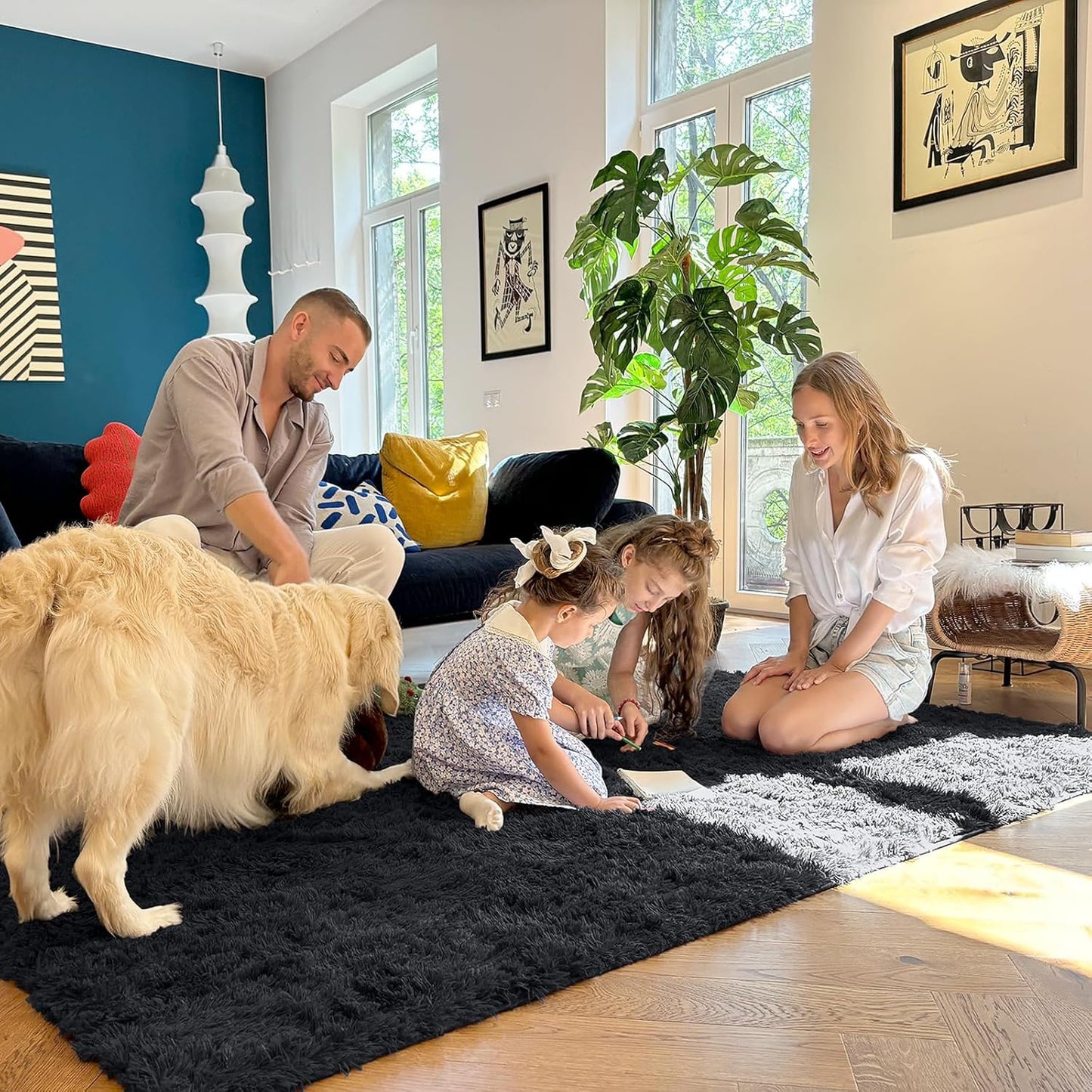OLANLY Area Rug - Soft Fluffy Shaggy Design | Machine Washable 4x5.9 ft for Living Room & Bedroom - Black