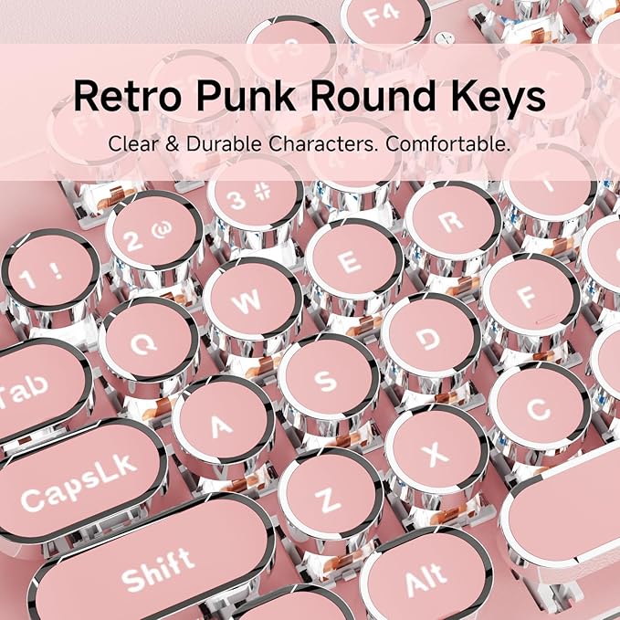 SEUNKWANG Typewriter Style Mechanical Gaming Keyboard with White Backlit, Wired Retro Punk Computer Keyboard Durable Metal Panel, Clicky Blue Switch, Round Keycaps, Full-Size for PC/Desktop/Win, Pink