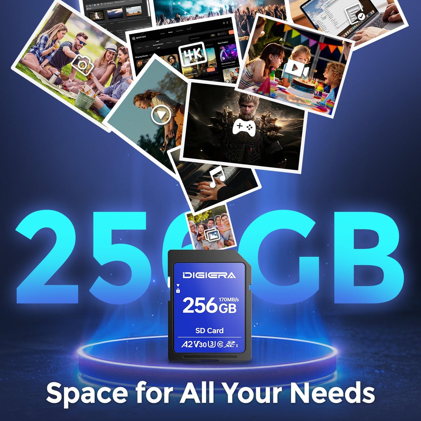 DIGIERA 256GB LS100 SDXC UHS-I Memory Card - up to 170MB/s, C10, U3, V30, 4K UHD, SD Card for Computers, Digital Cameras, Home Theatre Devices, Car Navigation Systems (1 Pack)