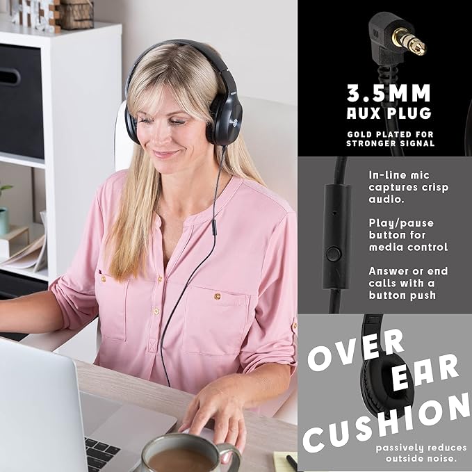 Sonitum Classroom Headphones-Bulk 10-Pack, with Microphone Student On Ear Comfy Swivel Earphones for Library, School, Airplane, Kids-for Online Learning and Travel, HQ Stereo Sound 3.5mm Jack (Black)