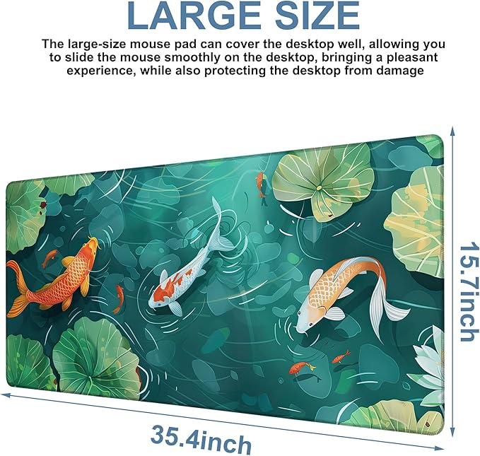 NITAHHHY Colorful Koi Fish Gaming Mouse Pad 3mm Thick Stitched Edge Waterproof Non-Slip Large Computer Keyboard Mouse Mat,Suitable for Office Entertainment Decorative Desk Pad 35.4 x 15.7 Inches