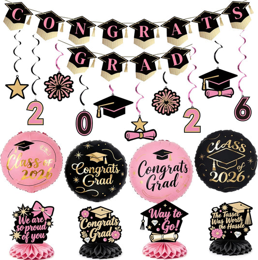 PartyWoo Graduation Decorations - Class of 2026 Black, Gold & Pink 19-Piece Set with Banner & Balloons