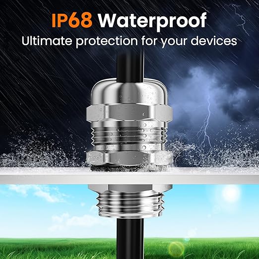 QILIPSU 2pcs 1/2" NPT 304 Stainless Steel Cable Gland Waterproof IP68 Metal Strain Relief Cord Grip Long Thread Cable Pass Through Wire Connector