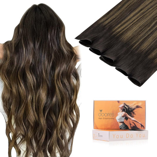 DOORES Genius Sew in Weft Hair Extensions Hand Tied Extensions, 14 Inch Light Dark Brown 40g, Sew in Human Hair Extensions Short