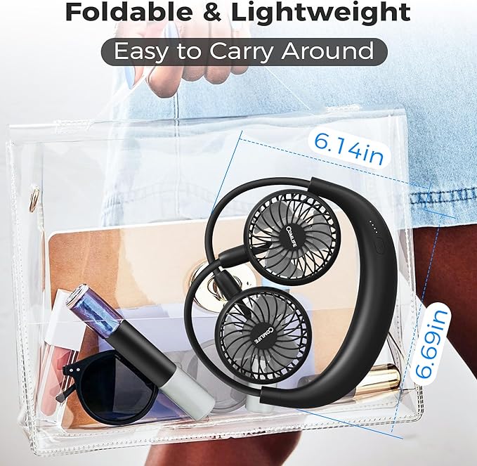 Portable Neck Fan, 5000mAh Rechargeable Battery Powered, 3 Speeds, 360°Adjustable, Double Cooling, Hands-Free Personal Wearable USB Neckband Fan for Home Office Outdoor Travel Sports