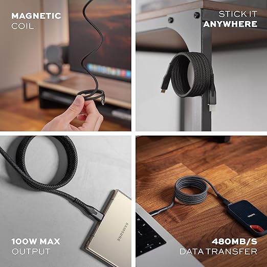 Statik MagStack Pro USB C to USB C Cable, Magnetic Type C Charger Fast Charging Cord, On The Go Magnetic Charging Cable for Car, Compatible with iPhone, iPad & Android, Orange 100W 3FT