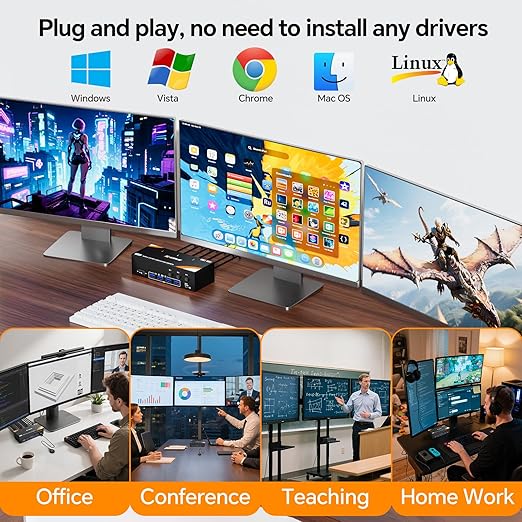 KCEVE USB 3.0 KVM Switch 3 Monitors 3 Computers Displayport HDMI, Triple Monitor KVM Switch 8K@60Hz 4K@144Hz for 3 Computers Share Mouse Keyboard, Wired Remote and Power Adapter