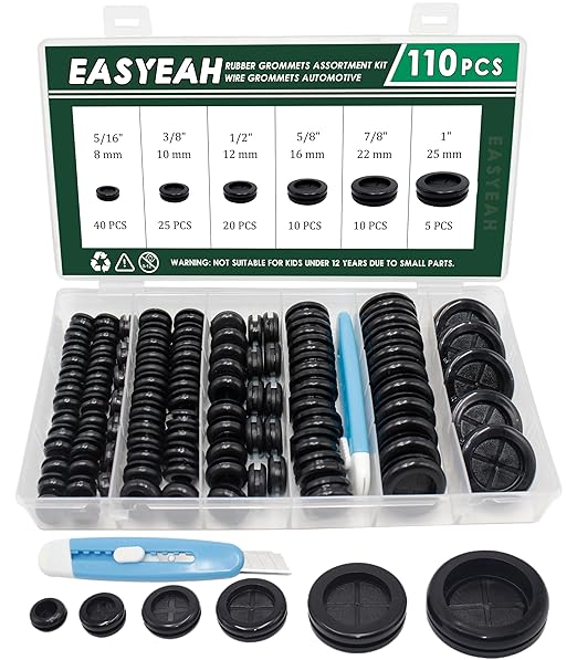 EASYEAH 110 Pcs Rubber Grommets Kit - Rubber Plugs for Holes Assorted 6 Sizes 5/16 3/8 1/2 5/8 7/8 1 Inch, Waterproof Firewall Automotive Wires Cables Grommets Set for Sheet Metal Electric Box Desk