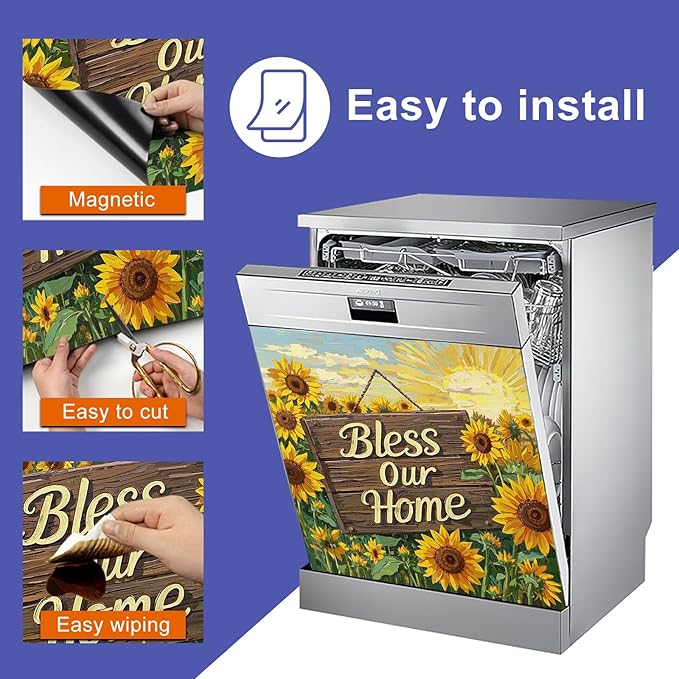 Dishwasher Magnet Cover 23x26 in Rustic Sunflower Field with Bless Our Home Wooden Sign Dishwasher Cover for Kitchen Appliance Decoration Front Panel Sticker Skin Panel Home Decor Decal