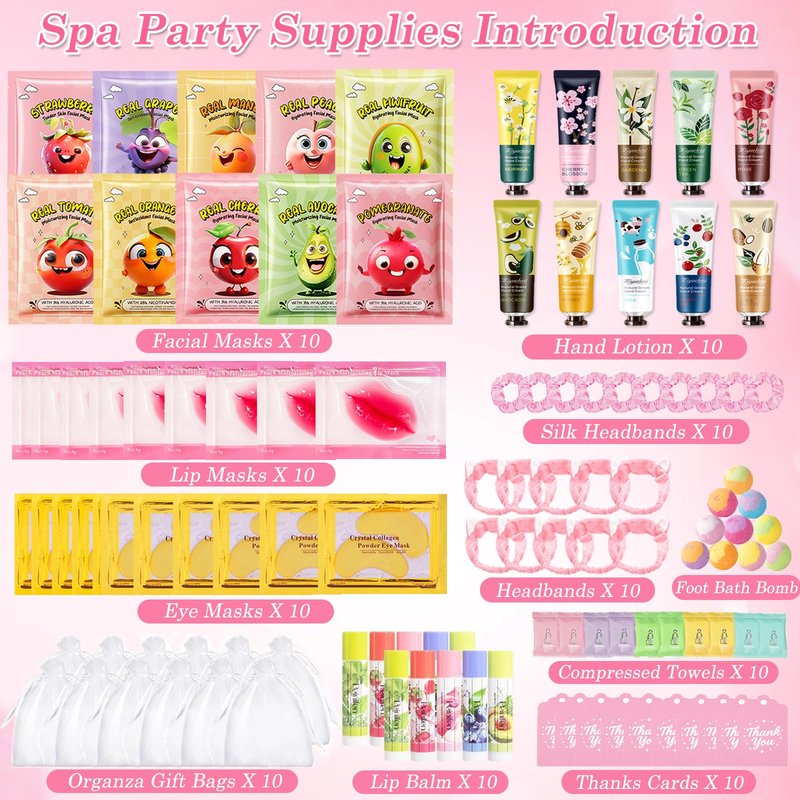 110PCS Spa Party Supplies for Girls, Spa Party Favors Include Lip Mask, Foot Bath Bombs, Face Masks, Skin Care For Teens 10-12, Sleepover Party Supplies for Girls, Spa Birthday Bulk Gifts for Women