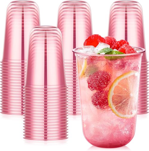 KesaPlan 50 Pcs Pink Plastic Cups - 16oz Disposable Stemless Wine Glasses for Parties & Events