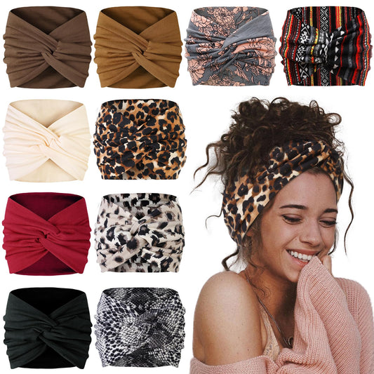 AKTVSHOW 7'' Wide Headbands for Women, 10 Pack Large Boho Turban Headband Fashion Non Slip Hairbands Thick Head Wraps Yoga Workout Hair Accessories