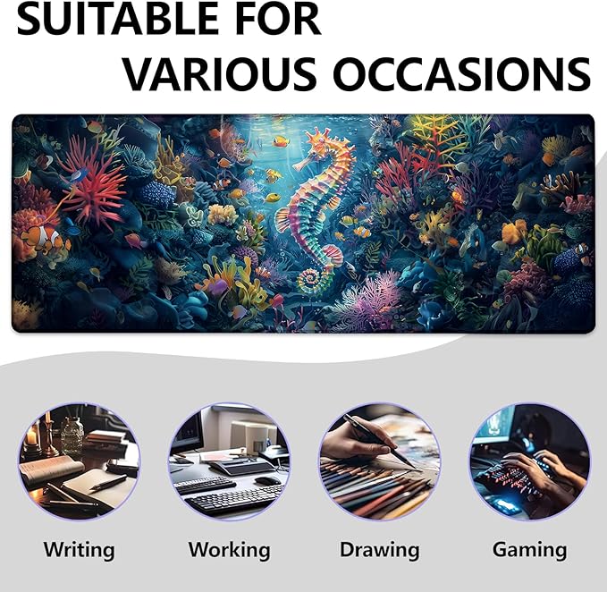Mounidso Seahorse Large Mouse Pad, Gaming Mouse Pad, Keyboard Mat, Non-Slip Rubber Base, Office Accessories, Desk Mat, MousePads for School, Work, Home Decor Gifts 31.5" x 11.8"