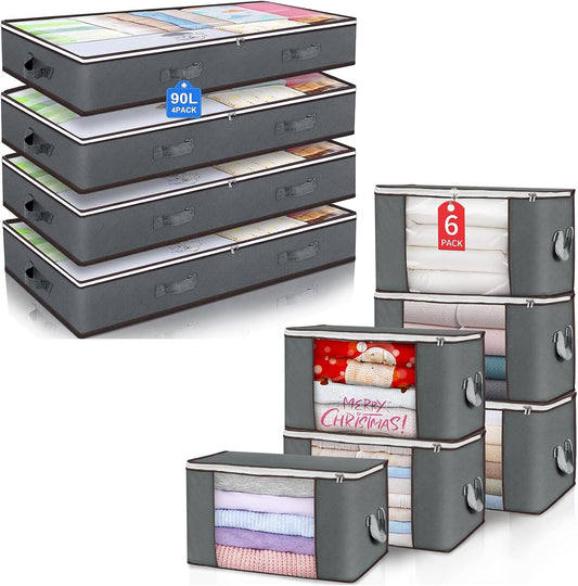 Skiennix 90L Large Storage Bags - 6 Pack & Under Bed Storage Containers - Gray, Reinforced Handles for Clothes & Bedding