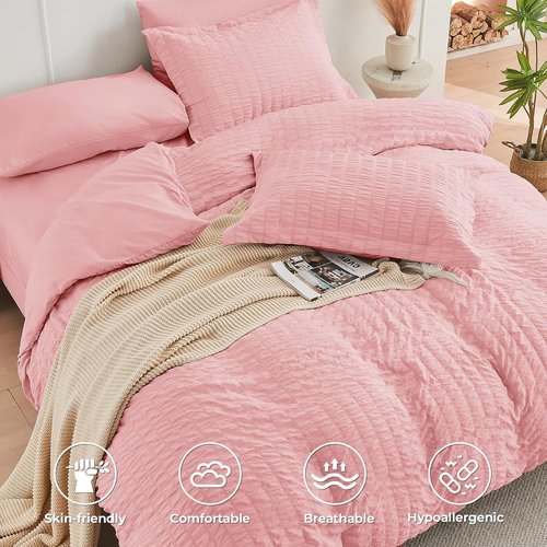 HYMOKEGE Queen Comforter Set - Luxury 7-Piece Seersucker Bedding in Rose Pink | All-Season Comfort