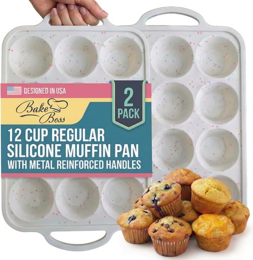 Bake Boss Silicone Muffin Pan - 2-Pack, Metal Reinforced, BPA-Free, 12-Cup Baking Tray