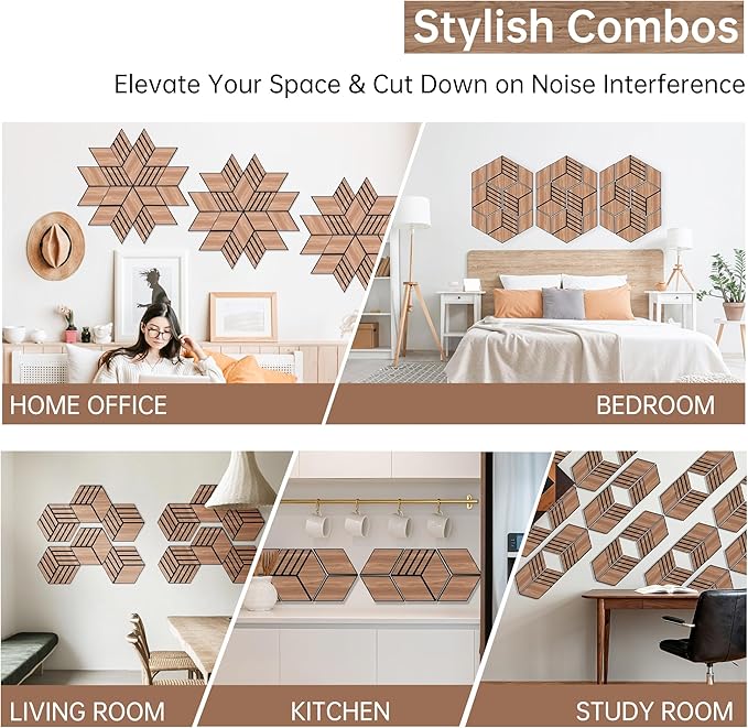 Mollywell Acoustic Panels, PVC Wood-Grain, 14x12 Inch Hexagon Carved Sound Proof Wall Tiles, Self-Adhesive High Density Felt for Home Theater/Studio/Office Echo Reduction, 12 Pack Walnut, TH4