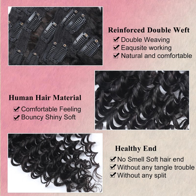 Deep Wave Clip in Hair Extensions Real Human Hair 14 Inch Deep Curly Clip ins for Women Invisible Seamless Remy Human Hair Clips in Extensions 8pcs 100g/3.5oz 20 Clips Double Weft Natural Black