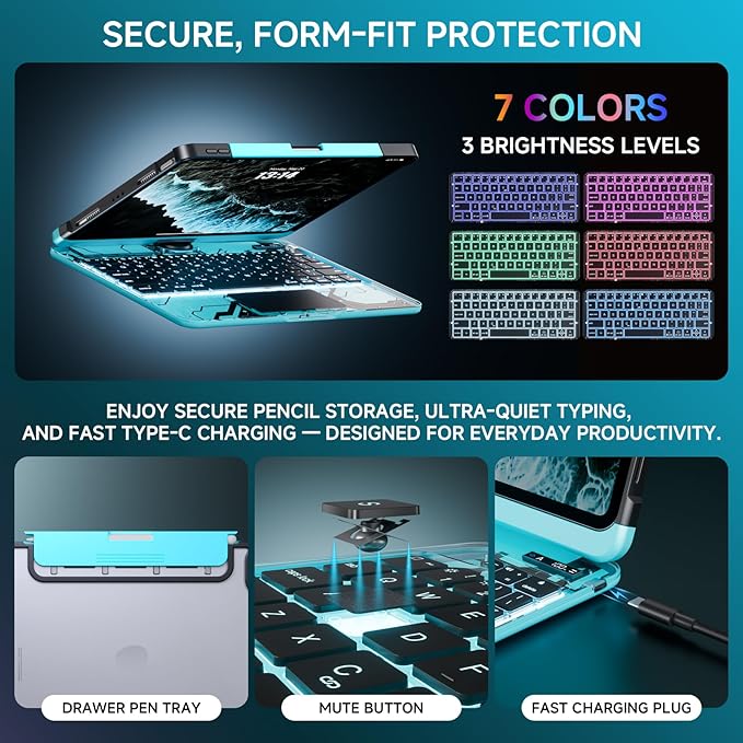 Tiaota Transparent Case with Keyboard for iPad Pro 13 inch(M5/M4, 2025/2024), iPad Pro 13,7-Color Backlit,Magic Wireless Keyboard, 360°Rotating,Multi-Touch trackpad,Pencil Holder,with Shortcuts,Blue
