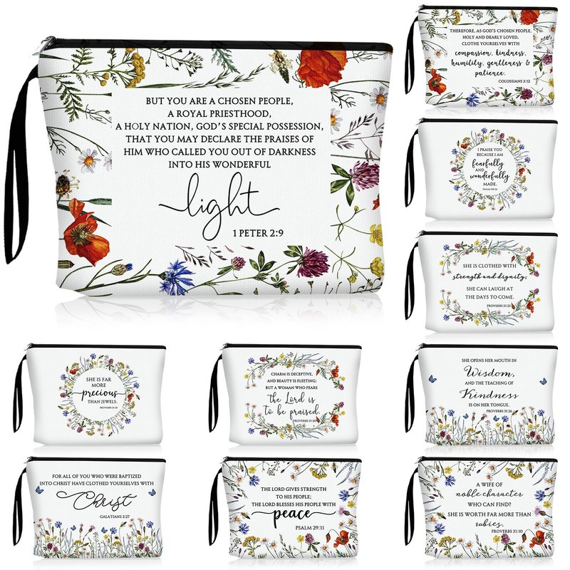 Talltalk 20 Pcs Christian Makeup Bags 10 Styles Bible Cosmetic Bags Bulk Bible Cover Floral Makeup Bag with Handle Inspirational Christian Religious Gifts for Women Godmother Church VBS Gifts