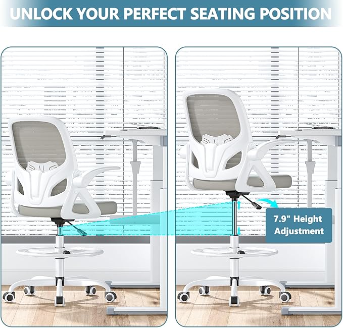 Kensaker Drafting Chair Tall Office Chair, Ergonomic Standing Desk Chair with Adjustable Foot Ring and Flip-up Armrests, Mesh Computer Chair for Art Studio, 300 LBS, Gray