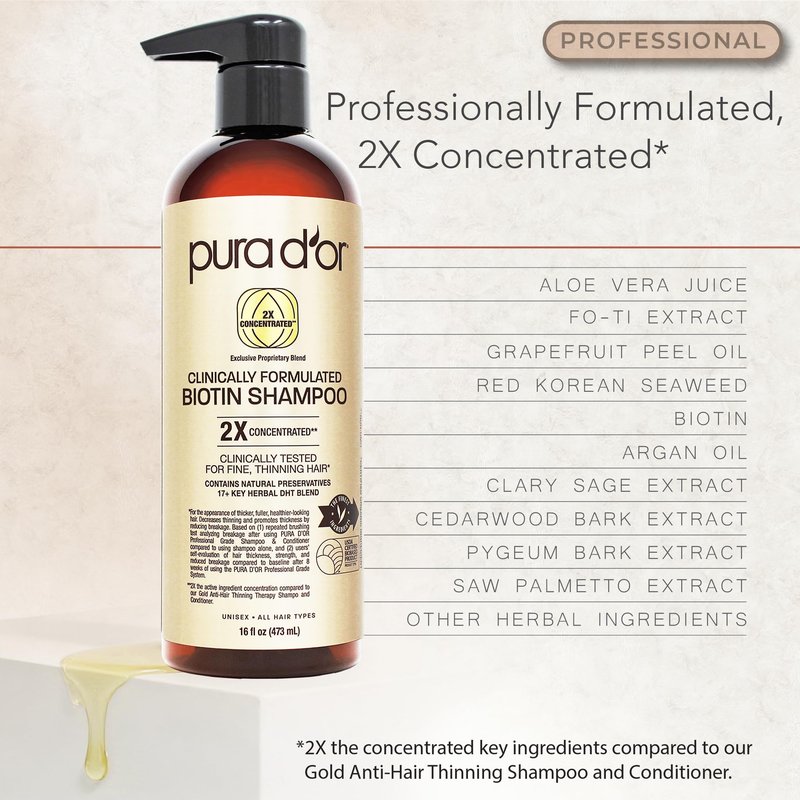 PURA D'OR Clinically Formulated Biotin Shampoo & Hair Regrowth Conditioner For Hair Thinning - 2X Concentrated Proprietary Thickening Blend For Women & Men, Sulfate Free, Botanical Zen Scent,16oz x2