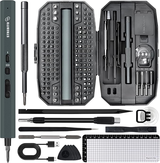 STREBITO 155 in 1 Electric Screwdriver Set, Small Electric Screwdriver Cordless with 140 S2 Magnetic Bits, Electronic Power Screwdriver Repair Tool Kit for RC, Computer, PC Building, Laptop