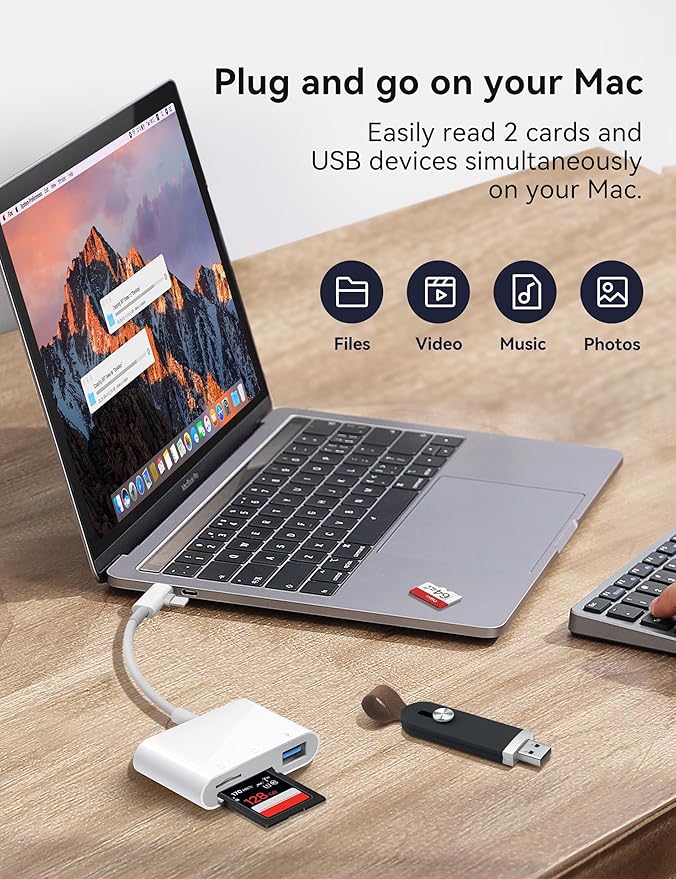 OPxjzws SD Card Reader for iPhone, SD Card Adapter with Lightening & USB C Dual Connectors Plug&Play Supports microSD, SD and USB-A OTG, Portable Trail Camera Memory Reader for iPhone Mac MacBook iPad