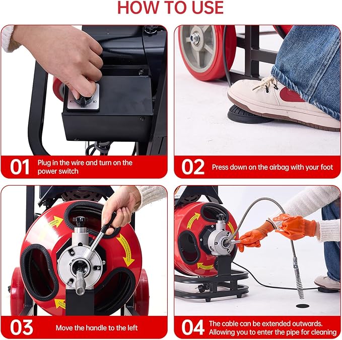 Drain Augers,50FT Steel Core Cable,CW/CCW Switch,Forward Reverse Control,Quick Replaceable Cutters -Electric Sewer Snake for 1"-4" Pipes,250W Motor Speed 1700 RPM,Air-Activated Foot Control