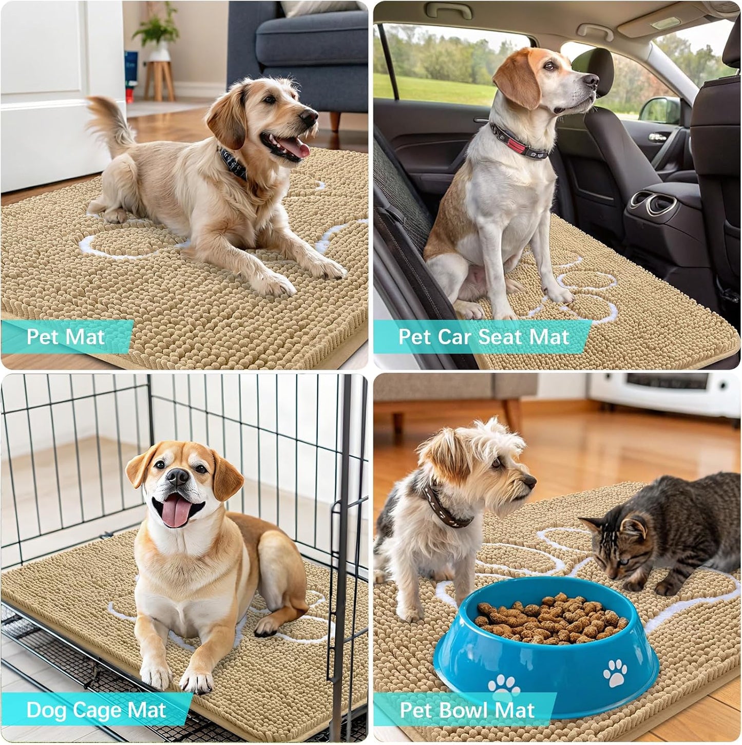OLANLY Dog Door Mat - Absorbent Non-Slip Mud Mat for Muddy Paws | 48x30 Paw Print Design, Quick Dry Beige