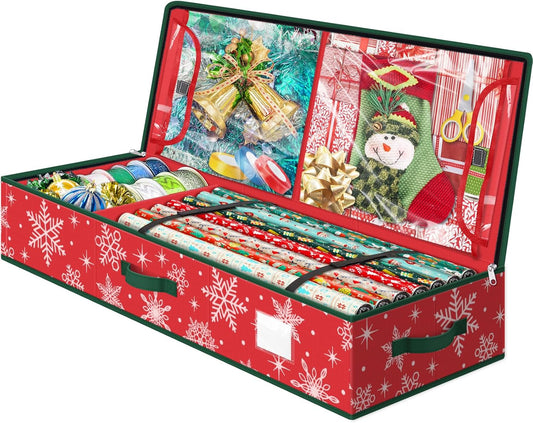 StorageRight Wrapping Paper Organizer - Holiday Gift Wrap Storage Box for Snowflake/Red Ornaments