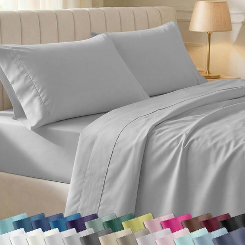 California Design Den Split King Sheet Set - 100% Cotton, Silky Smooth Sateen, Deep Pockets, Light Grey