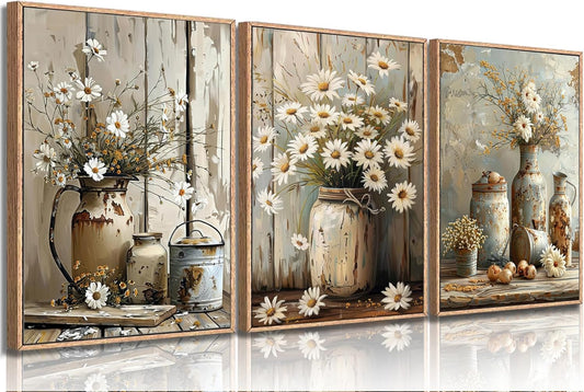 Rustic Farmhouse Daisy Flower Canvas Wall Art - Vintage Country Floral Decor for Bedroom & Living Room