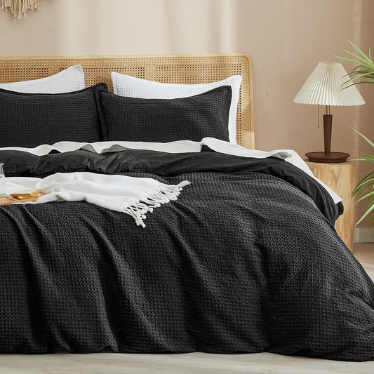 PHF Waffle Weave Duvet Cover Set - Ultra Soft Luxury Twin/Twin XL Bedding | 2-Piece Black Set with Pillow Sham