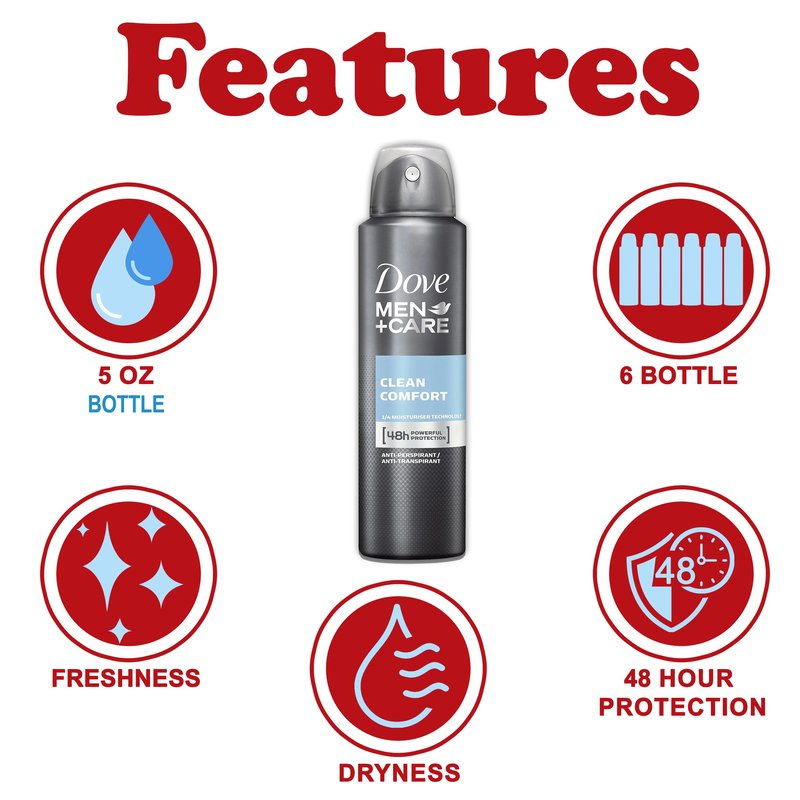 Dove Men + Care Antiperspirant Deodorant Spray, 6 Pack, 48H Protection, Long-Lasting Clean Comfort Scent, Soothes & Moisturises Skin, 5 oz. Each