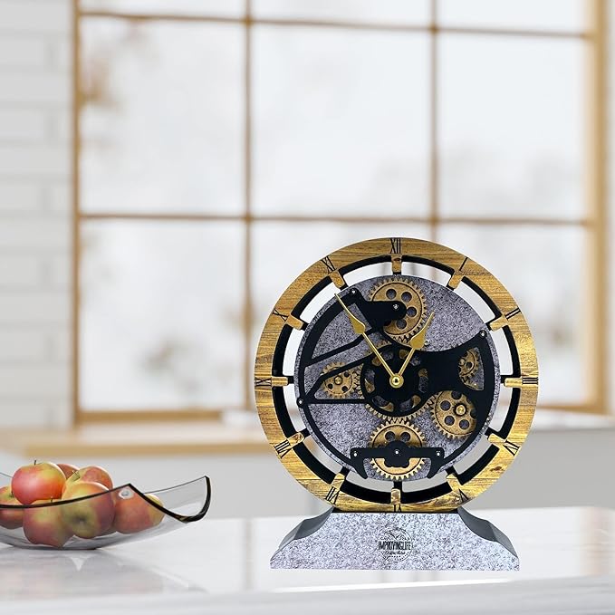 ImprovingLife Desk Clock 10 inches with Real Moving Gears Convertible into Wall Clock (Brown and Grey)