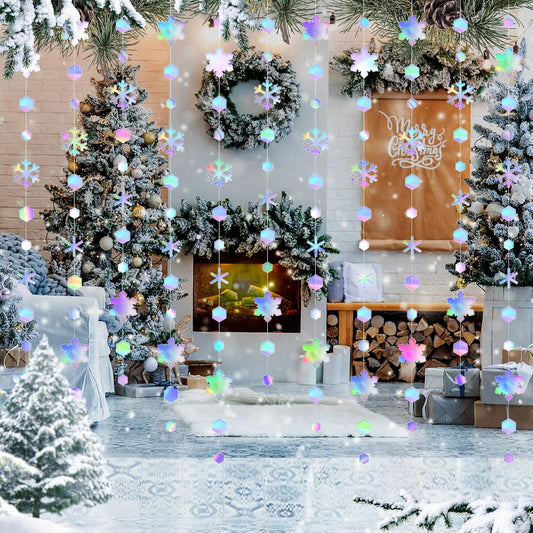 Skiennix 52 Ft Snowflake Garland Decorations - Holographic Twinkle Hanging Streamer for Events