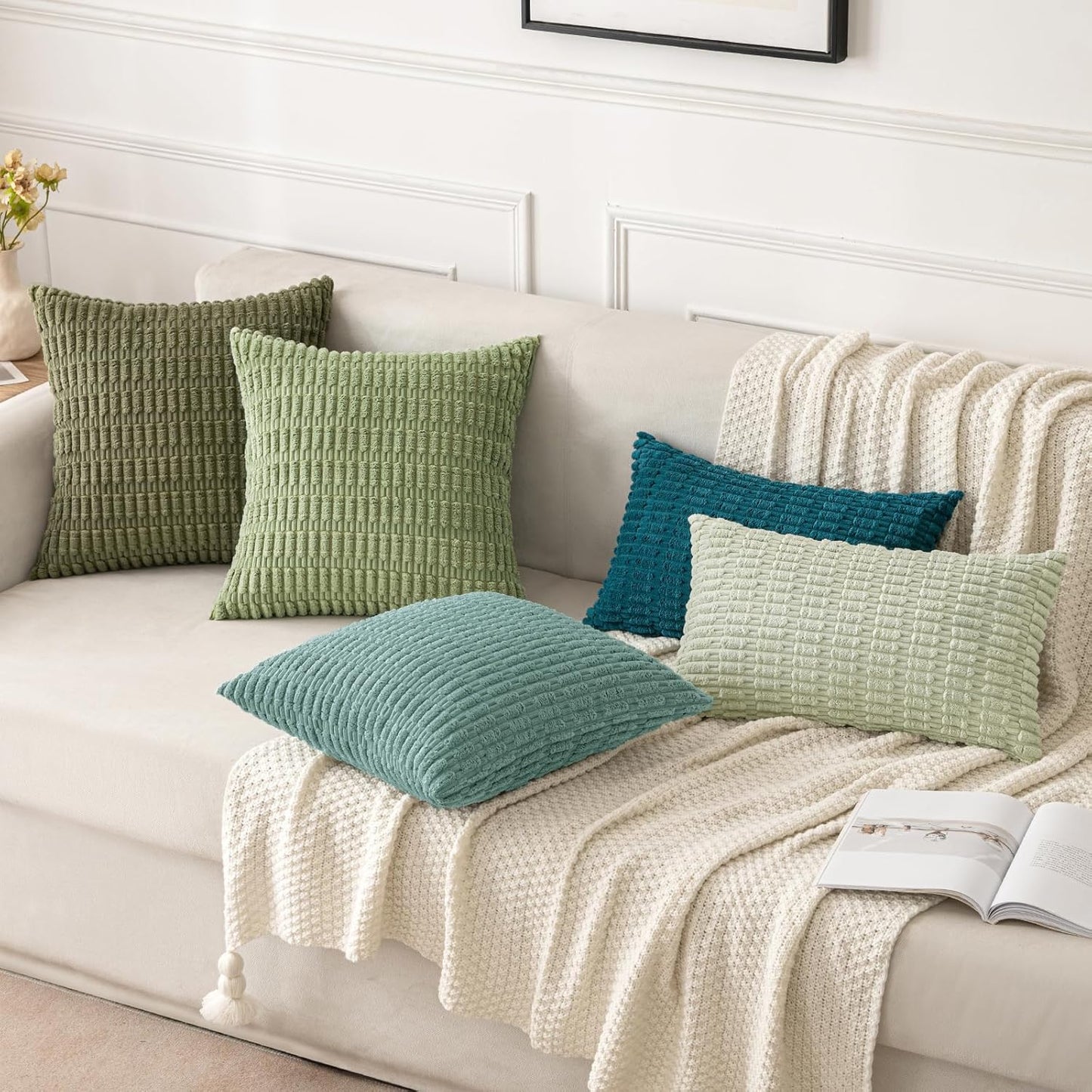 MIULEE Corduroy Throw Pillow Covers - Soft Boho Striped Design | 18x18 Inch Teal Green for Modern Home Decor