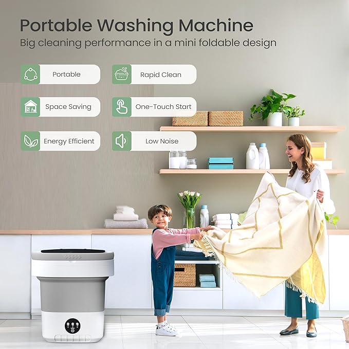 Portable Washing Machine - 16L Mini Foldable Washer with Spin Basket, 3 Cleaning Modes & Deep Cleaning for Small Clothes, Collapsible Laundry for Apartment, Home, Hotel and Travel (Gray)