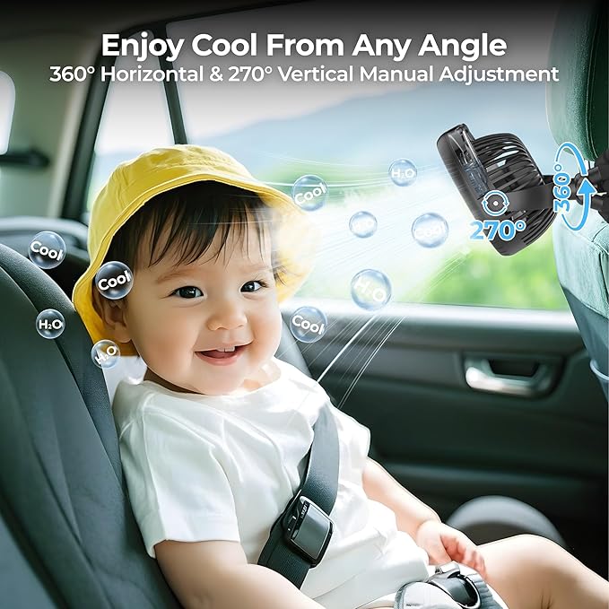 2025 Upgarded 4000mAh Misting Baby Stroller Fan, Rechargeable Battery Operated,Max 15Hrs Cooling,50ml Portable Water Sprayer Misting Fan with Flexible Tripod Clip on Car Seat Crib Treadmill Bunk Bed
