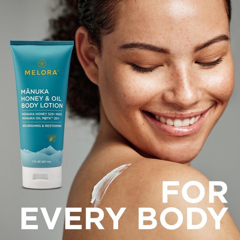MELORA Manuka Honey Body Lotion (7oz), Moisturizing Lotion with Soothing Manuka Honey & Oil for Dry, Very Dry, Sensitive, or Aging Skin – Cream Moisturizer for Women & Men