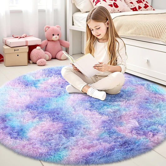 OLANLY Purple Rainbow Round Rugs for Bedroom - Machine Washable, 4x4 Feet Circle Area Rugs for Living Room, Soft and Fluffy Shaggy Carpet for Girls and Boys, Nursery Rooms, Dorms, Home Decor Aesthetic