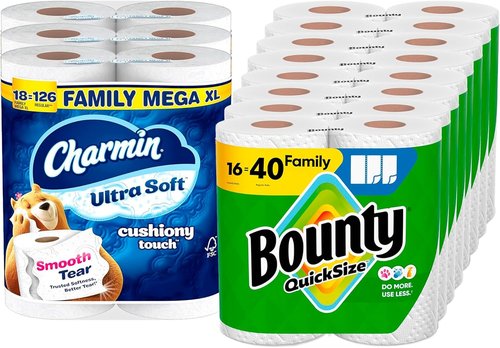 Bounty Quick-Size Paper Towels - 16 Family Rolls | Charmin Ultra Soft Toilet Paper - 18 Mega XL Rolls