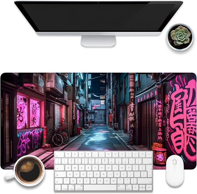 KOAIWPAE Desk Pad, Anime City Street Scene Desk Mat, Pink Neon Street Large Gaming Mouse Pad for Desk, 31.5"x15.7" Extended Big Computer Keyboard Mouse Pad with Non-Slip Base and Stitched Edge