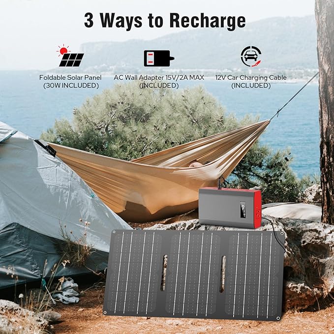 Solar Power Bank with AC Outlet 110V 65W, 100W USB C Power Bank Fast Charging Battery Pack with 30W solar charger Panel Foldable for Laptop Smart Device Outdoor Hiking fishing Power Outage Backup