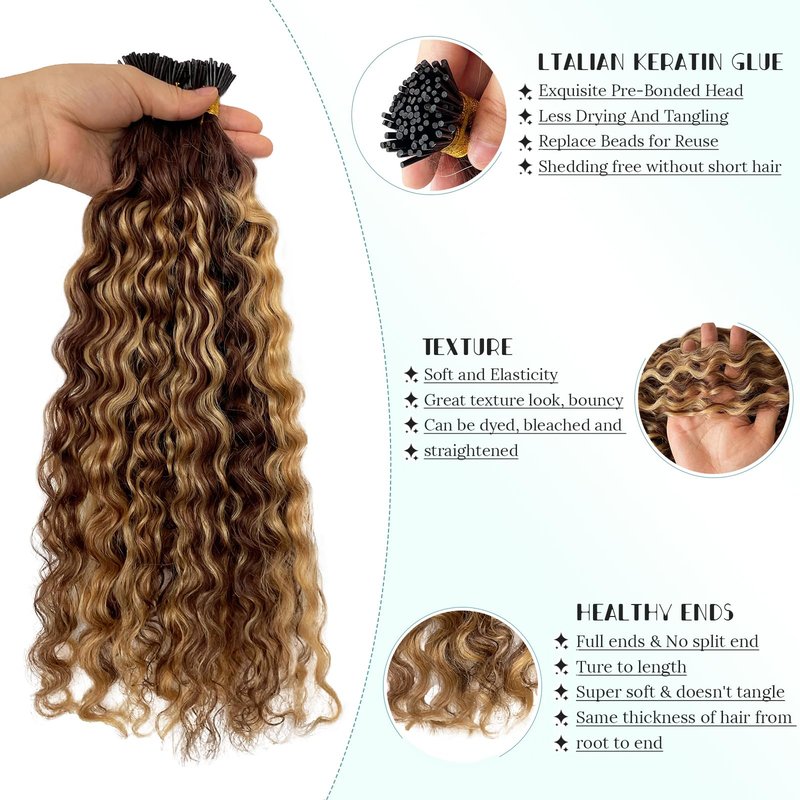I Tip Human Hair Extensions 14inch 100 Strand 50G, Water Wave I Tips Hair Extensions Real Human Hair for Women Ombre Blonde Extensions I Tips Camel Brown Microlinks Cold Fusion I Tip Human Hair