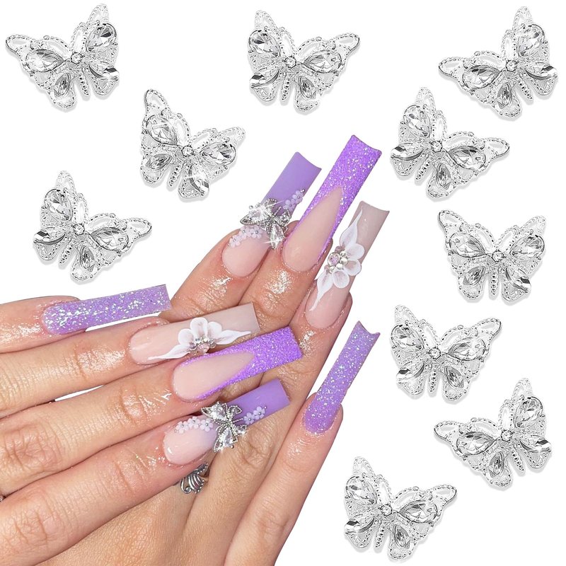 Butterfly Nail Charms, YAEISM Shiny 3D Alloy Silver Metal Butterfly Nail Gems Nail Rhinestones for 10 Pcs Nail Charms Shape Crystals Diamonds for Women Girls DIY Nail Art Crystals Jewelry Decoration